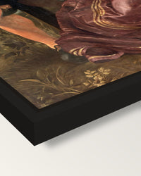 The Honeysuckle Bower by Rubens framed canvas, corner close-up: a black floating frame with a shadow gap round the canvas