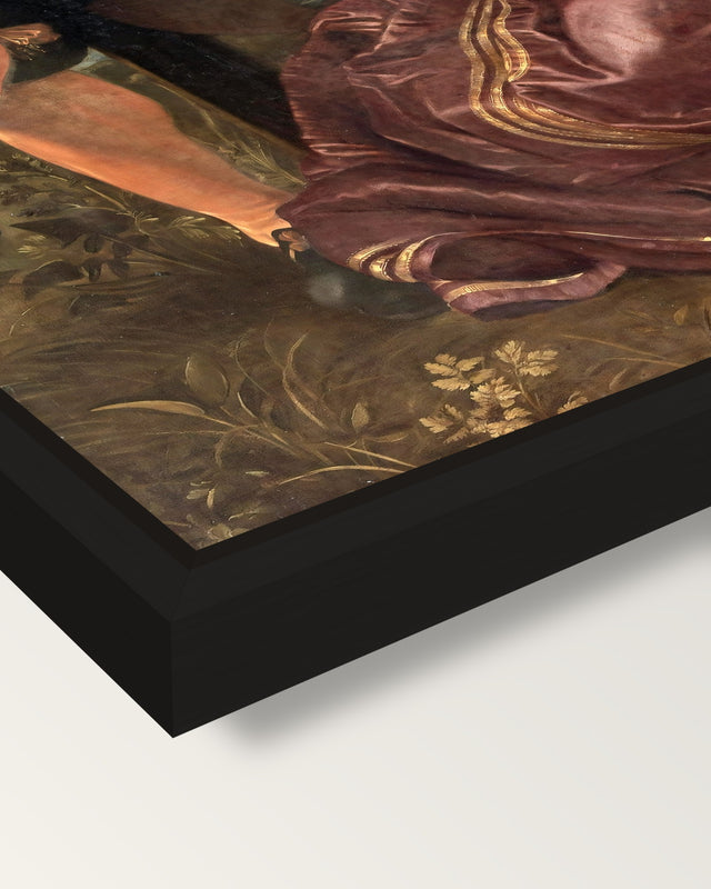 The Honeysuckle Bower by Rubens framed canvas, corner close-up: a black floating frame with a shadow gap round the canvas