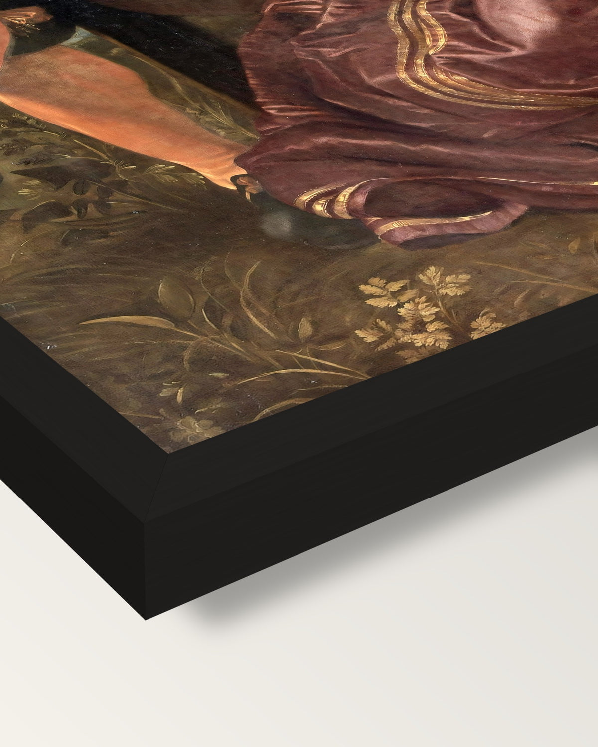 The Honeysuckle Bower by Rubens framed print, corner close-up: black moulding, mitred, the print set just below its edge