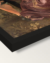 The Honeysuckle Bower by Rubens framed print, corner close-up: black moulding, mitred, the print set just below its edge