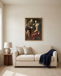 The Honeysuckle Bower by Peter Paul Rubens framed in natural oak above a cream sofa in a warm living room