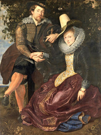 The Honeysuckle Bower by Rubens: a man and a woman in fine clothes sit hand in hand under a honeysuckle bower