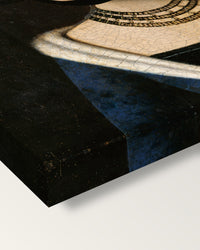 Portrait of a Young Girl by Petrus Christus on stretched canvas, corner close-up: the painting mirror-wrapped round the sides