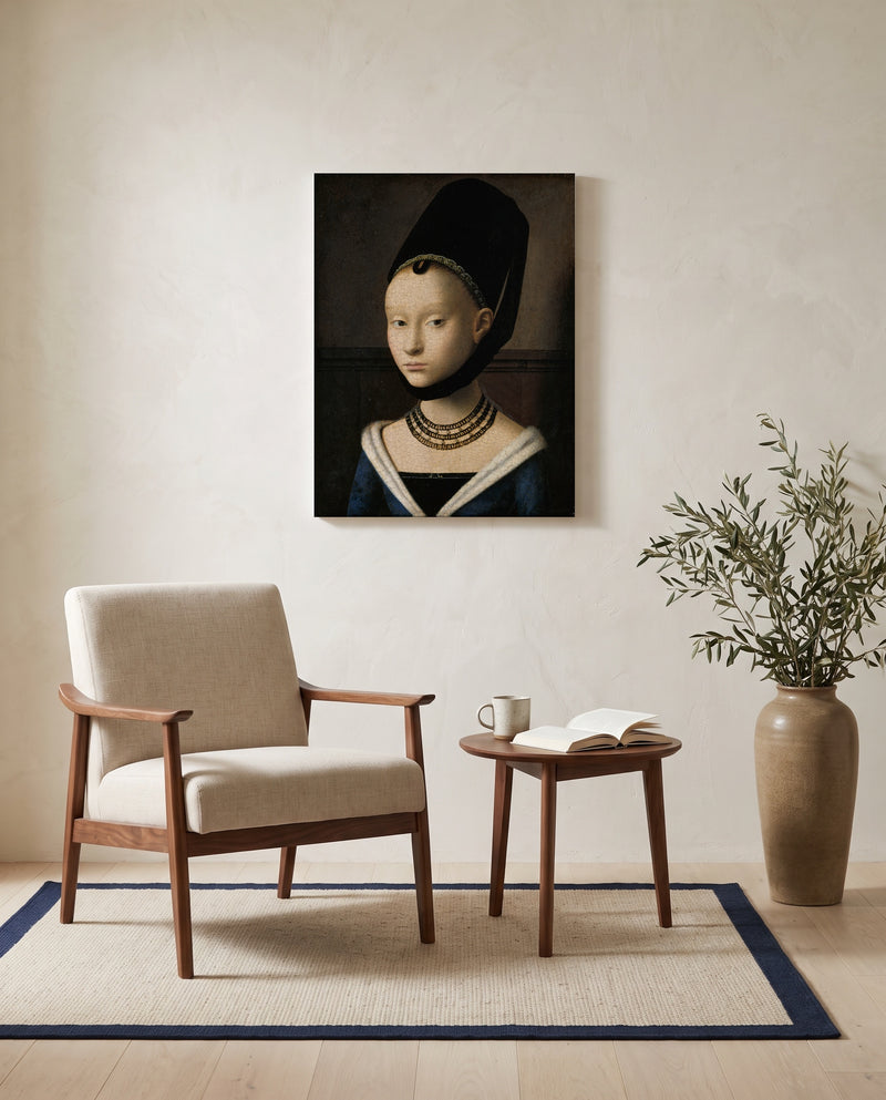 Portrait of a Young Girl by Petrus Christus as a stretched canvas above a linen lounge chair in a reading corner
