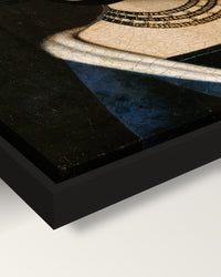Portrait of a Young Girl by Christus framed canvas, corner close-up: black floating frame, painted edge in the shadow gap