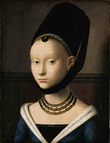 Portrait of a Young Girl by Petrus Christus: a pale young woman in a tall black hat and ermine collar, with gold beads