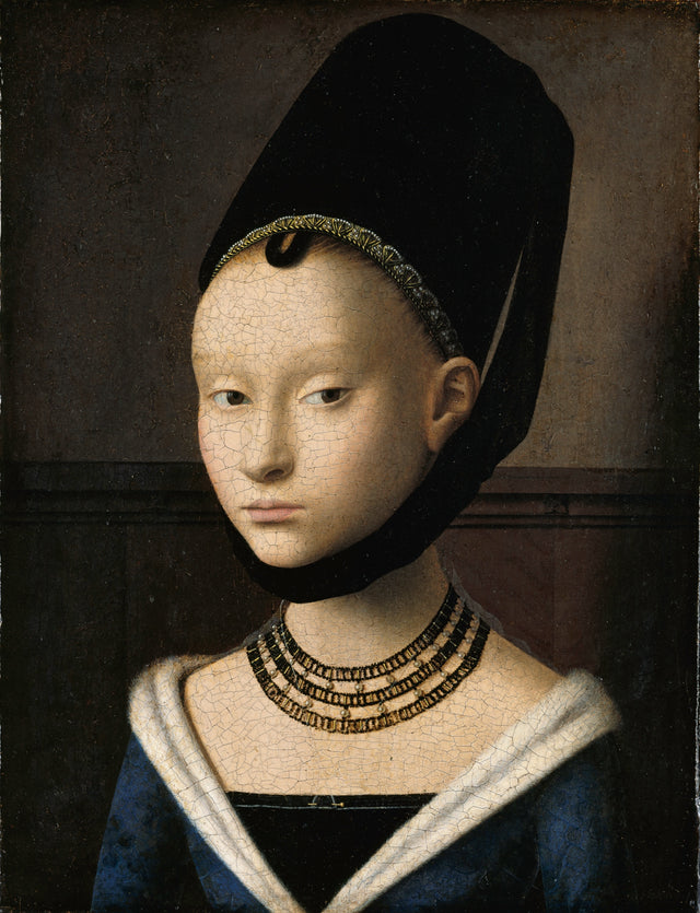 Portrait of a Young Girl by Petrus Christus: a pale young woman in a tall black hat and ermine collar, with gold beads