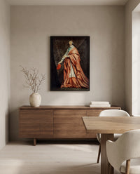 Cardinal de Richelieu by Philippe de Champaigne in a black frame above a walnut sideboard in a dining room