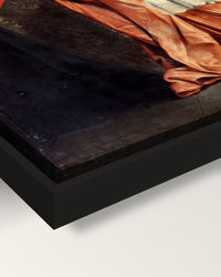 Cardinal de Richelieu by de Champaigne framed canvas, corner close-up: black floating frame, painted edge in the shadow gap