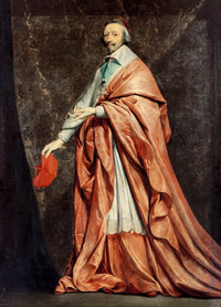 Cardinal de Richelieu by Philippe de Champaigne: the cardinal stands full length in red robes, a red cap in his hand