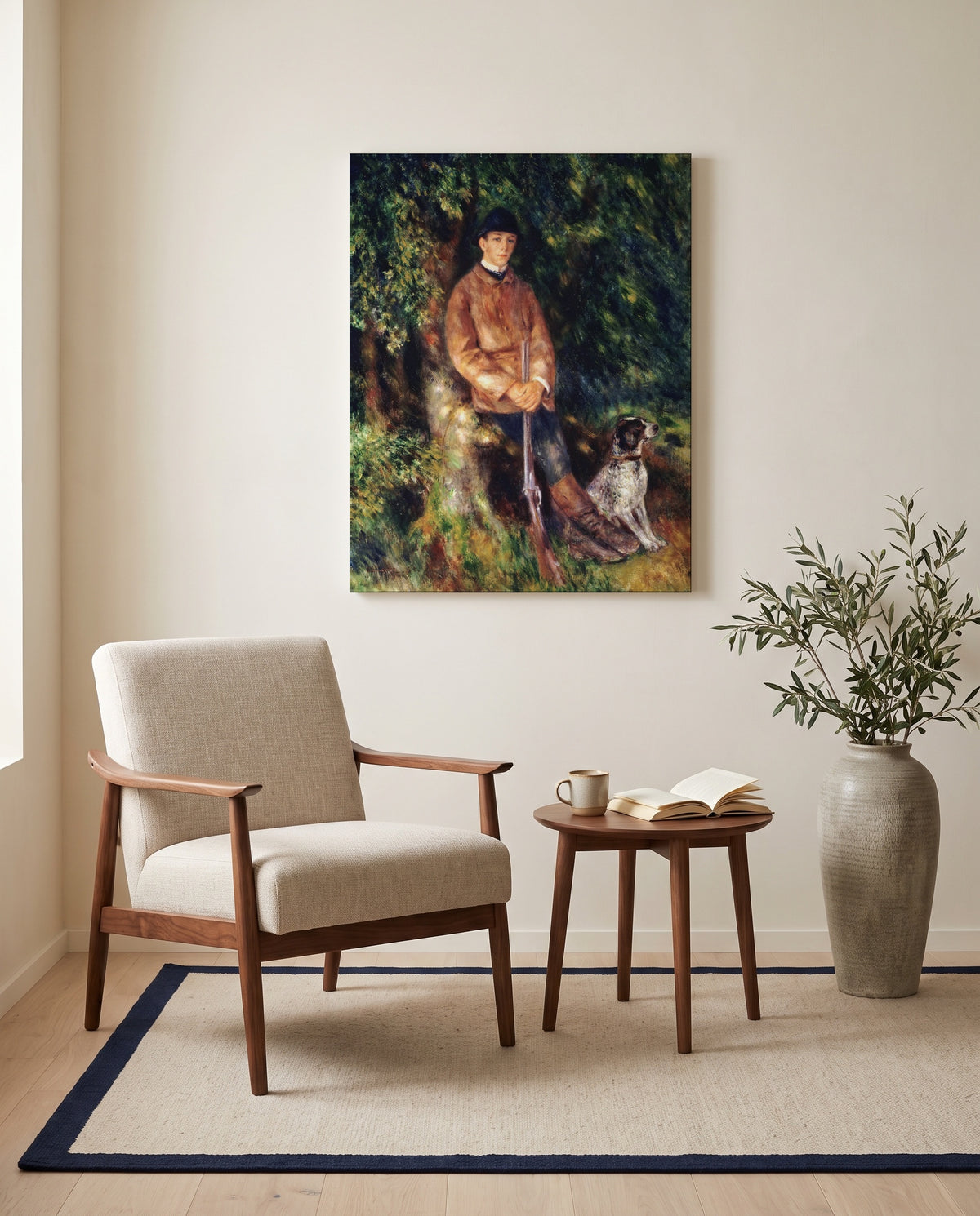 Alfred Bérard and His Dog by Pierre-Auguste Renoir as a stretched canvas above a linen lounge chair in a reading corner