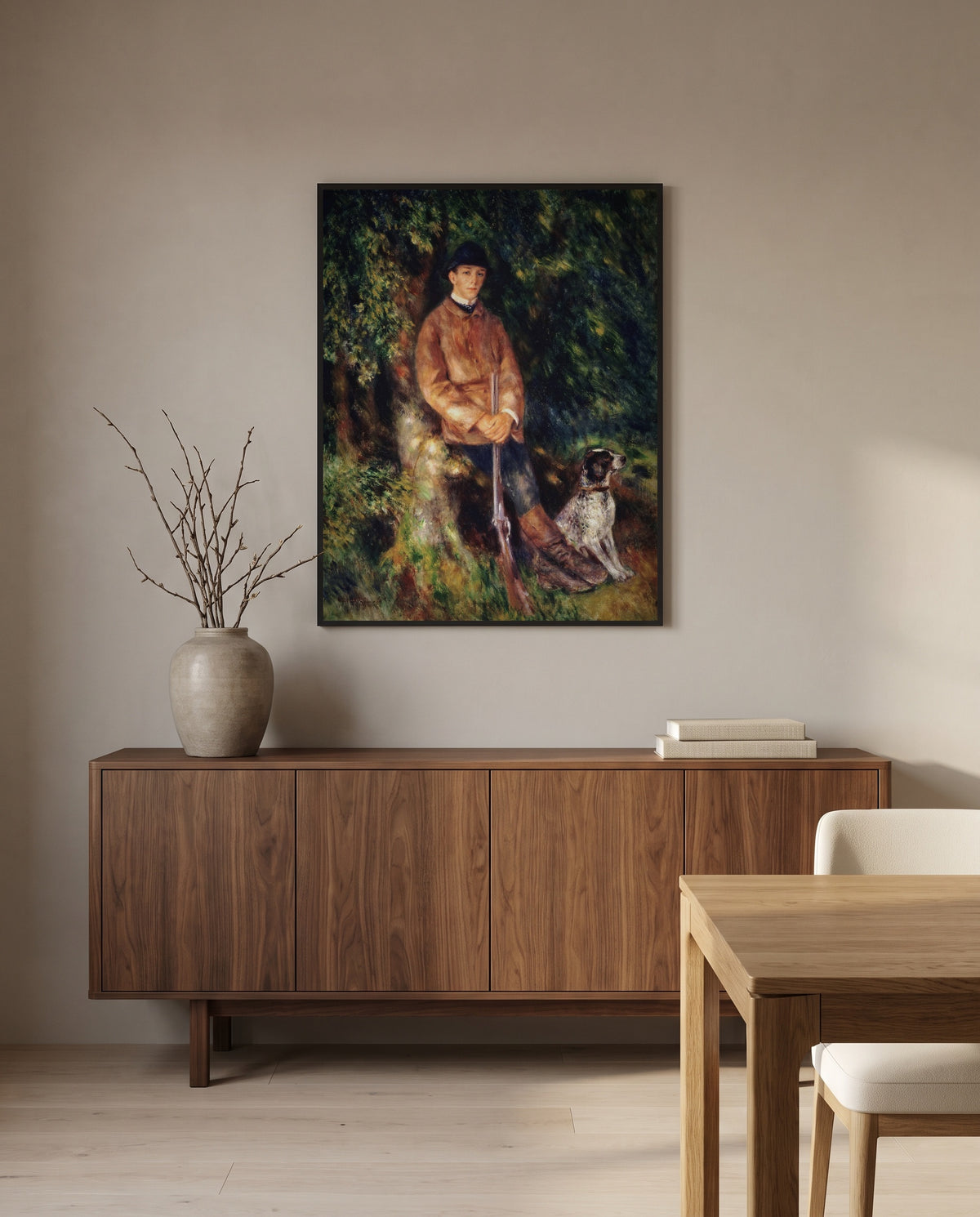 Alfred Bérard and His Dog by Pierre-Auguste Renoir in a black frame above a walnut sideboard in a dining room
