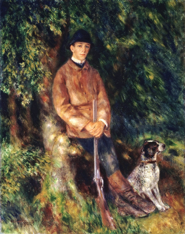 Alfred Bérard and His Dog by Renoir: a young man in a brown hunting jacket and cap in a wood, a spotted dog at his feet