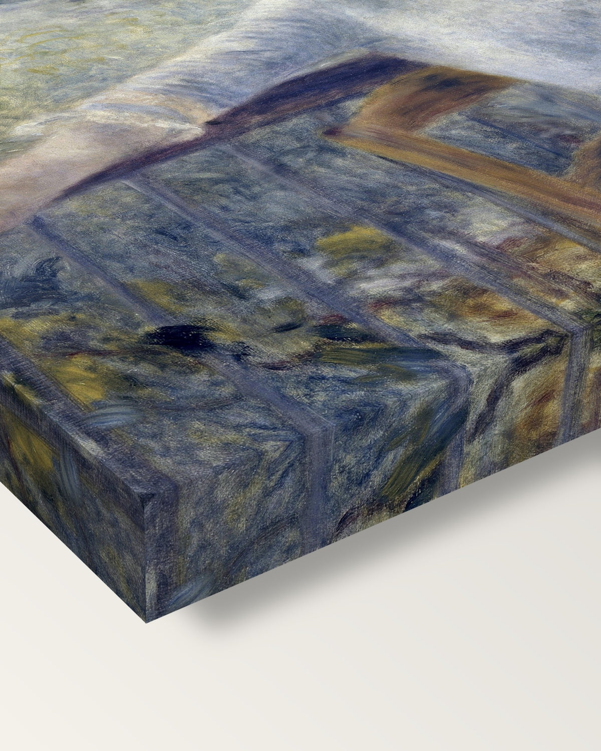 Alphonsine Fournaise by Renoir on stretched canvas, corner close-up: the painting mirror-wrapped round the sides