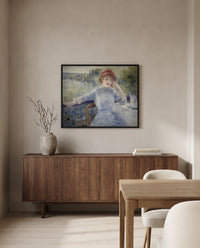 Alphonsine Fournaise by Pierre-Auguste Renoir in a black frame above a walnut sideboard in a dining room