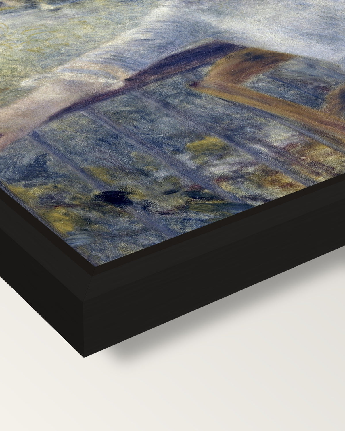 Alphonsine Fournaise by Renoir framed canvas, corner close-up: a black floating frame with a shadow gap round the canvas