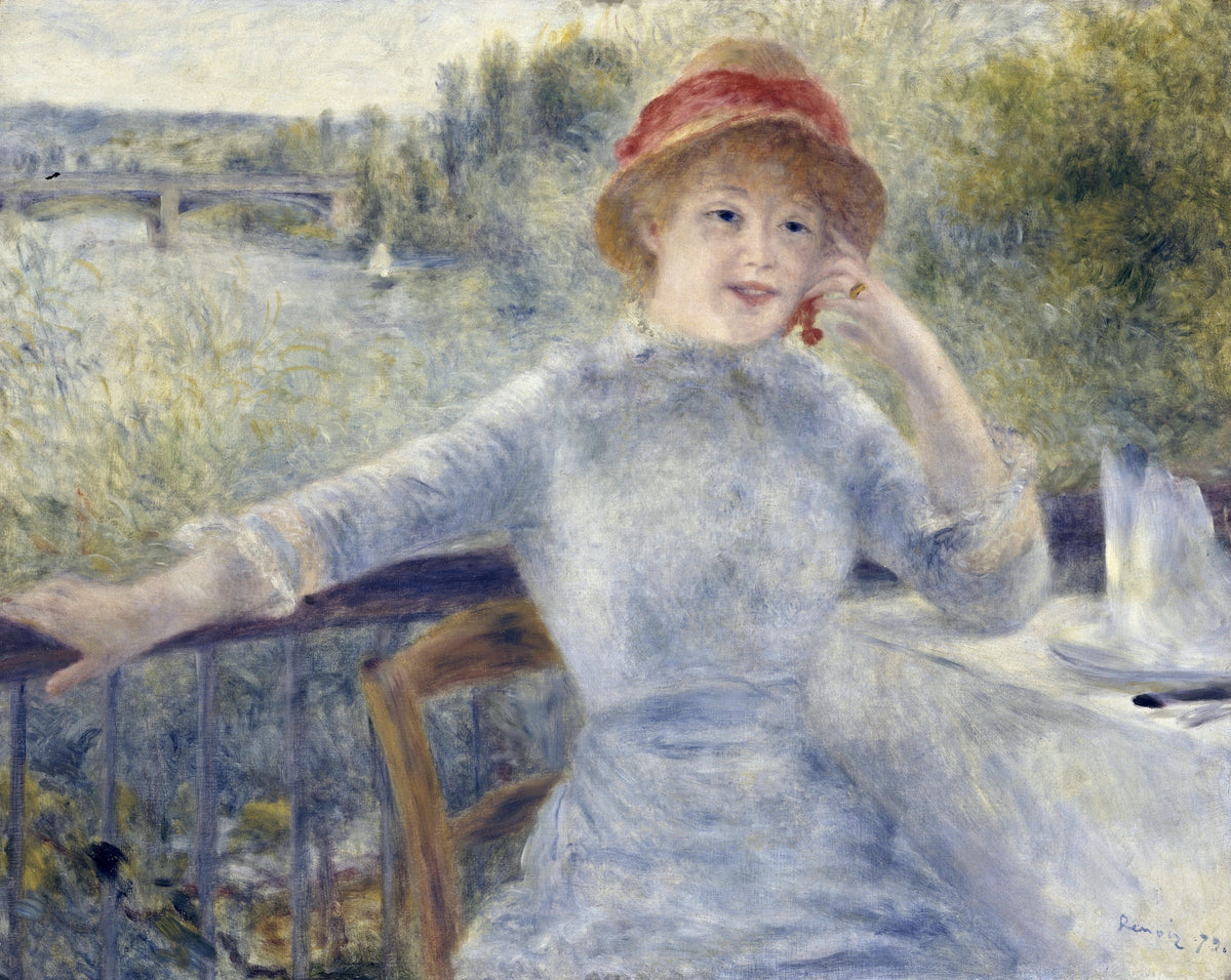 Alphonsine Fournaise by Renoir: a young woman in a pale dress and red hat leaning on a balcony rail above the river