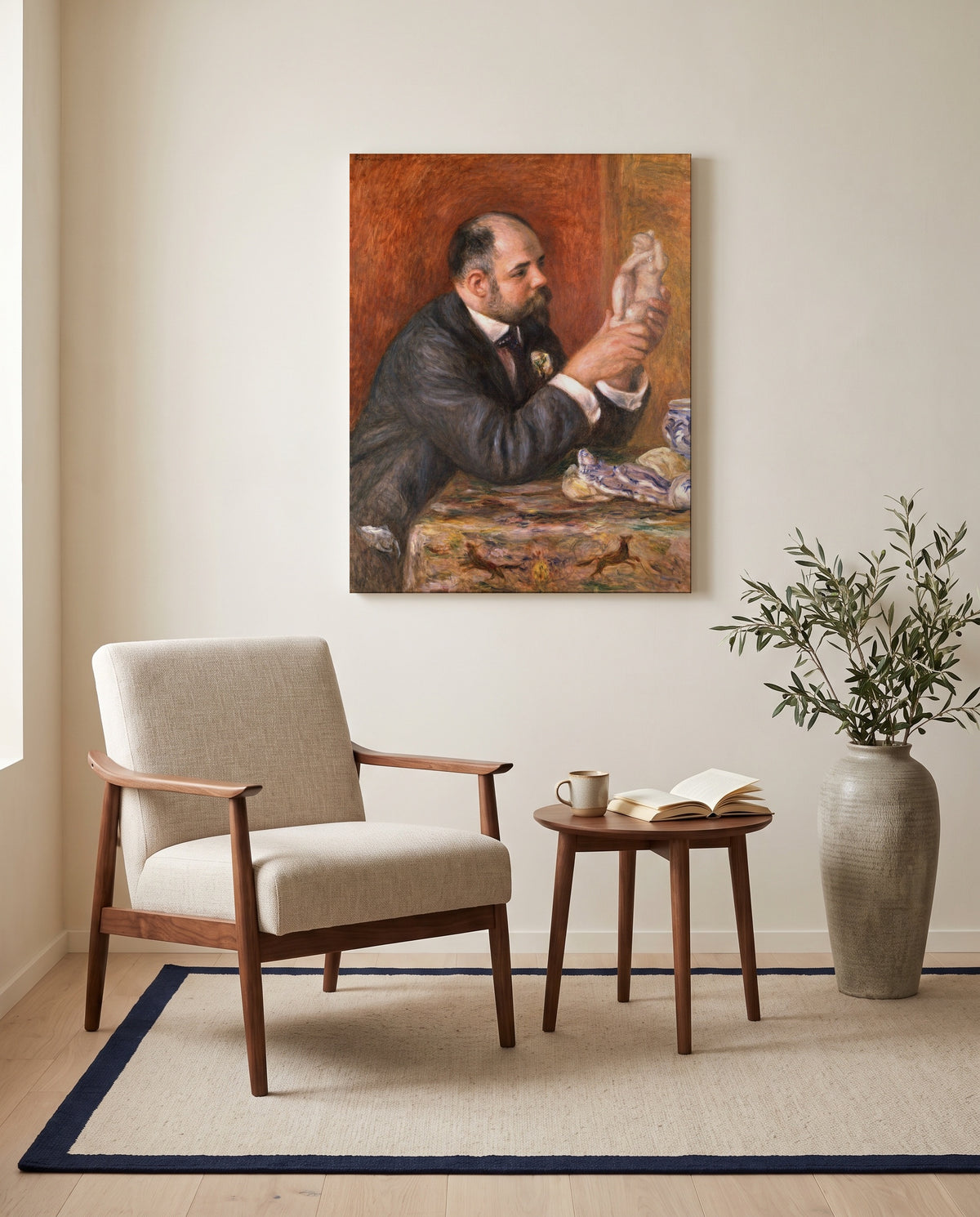 Ambroise Vollard by Pierre-Auguste Renoir as a stretched canvas above a linen lounge chair in a reading corner