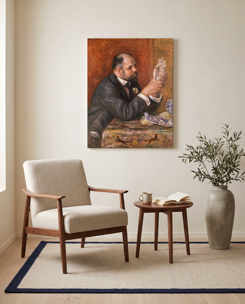 Ambroise Vollard by Pierre-Auguste Renoir as a stretched canvas above a linen lounge chair in a reading corner
