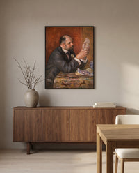 Ambroise Vollard by Pierre-Auguste Renoir in a black frame above a walnut sideboard in a dining room