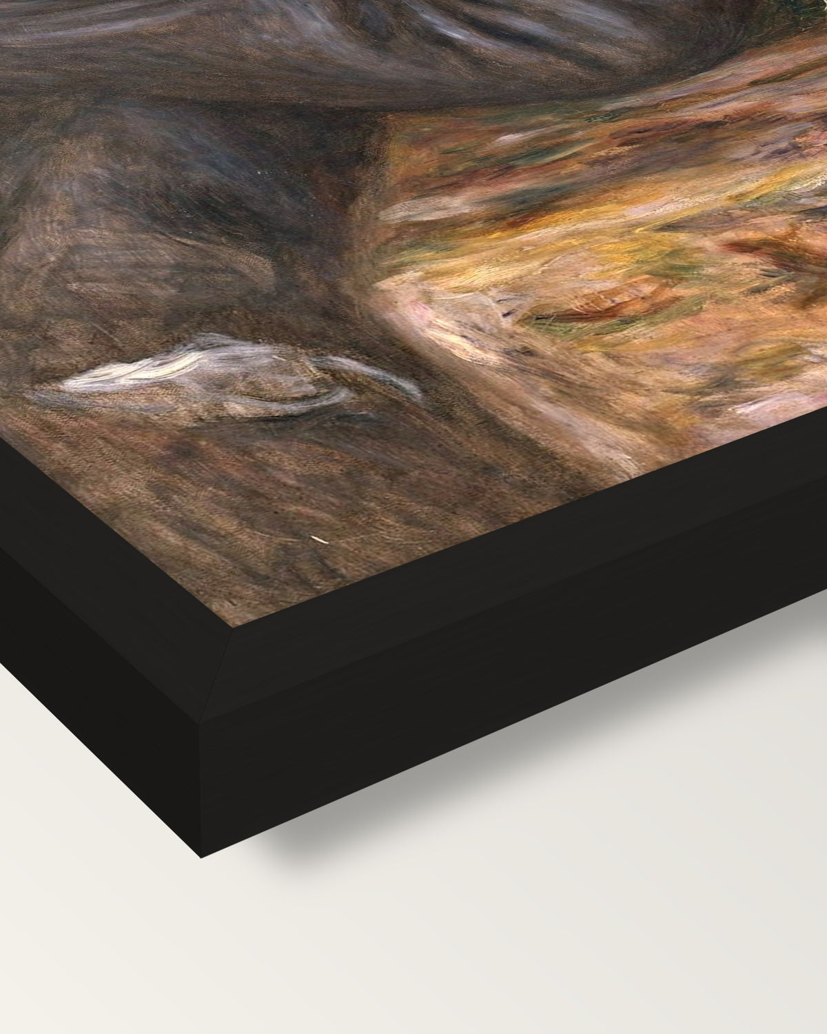 Ambroise Vollard by Renoir framed print, corner close-up: black moulding, mitred, the print set just below its edge