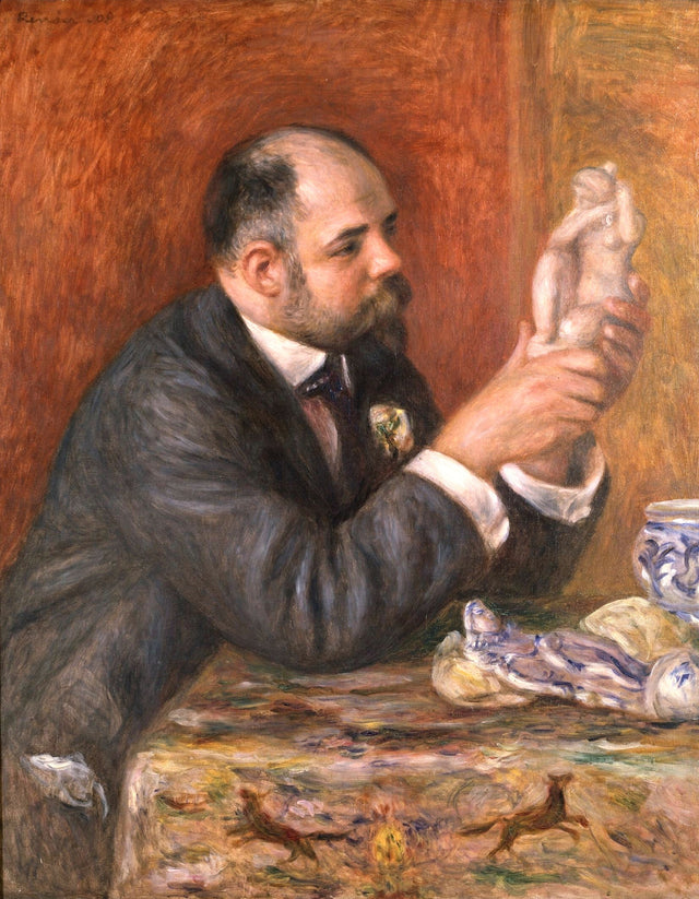 Portrait of Ambroise Vollard by Renoir: a bald, bearded man in a dark suit studies a small white statuette at a table