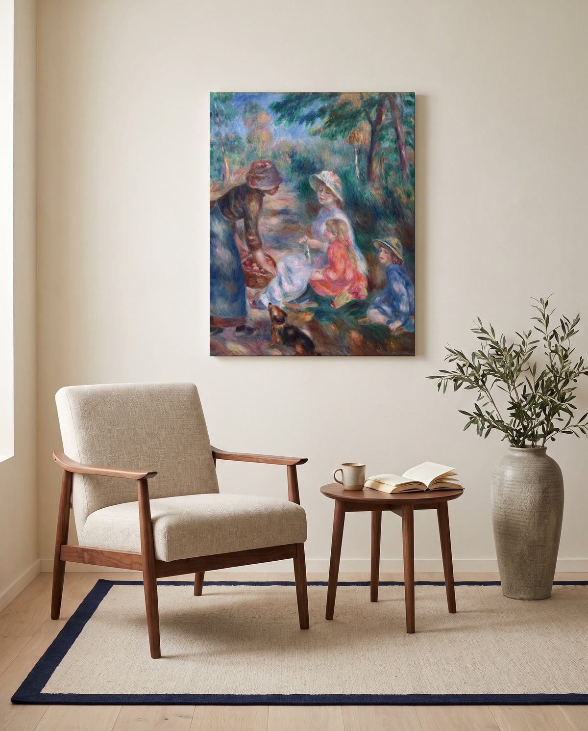 The Apple Seller by Pierre-Auguste Renoir as a stretched canvas above a linen lounge chair in a reading corner