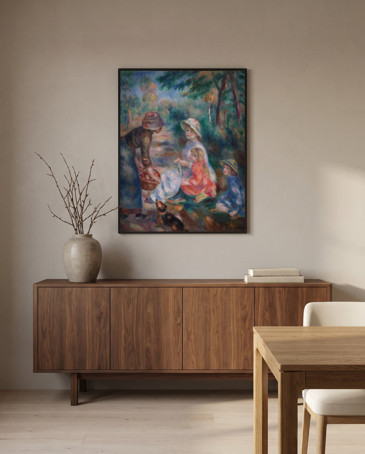 The Apple Seller by Pierre-Auguste Renoir in a black frame above a walnut sideboard in a dining room