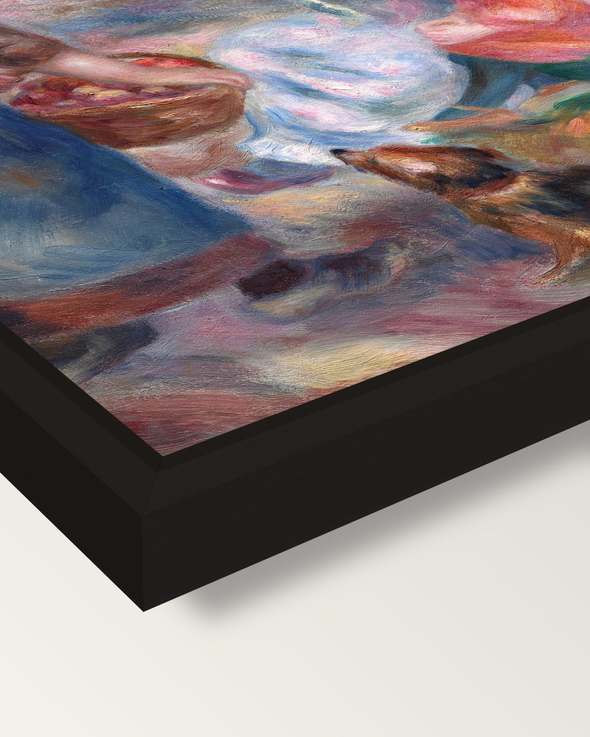The Apple Seller by Renoir framed canvas, corner close-up: a black floating frame with a shadow gap round the canvas