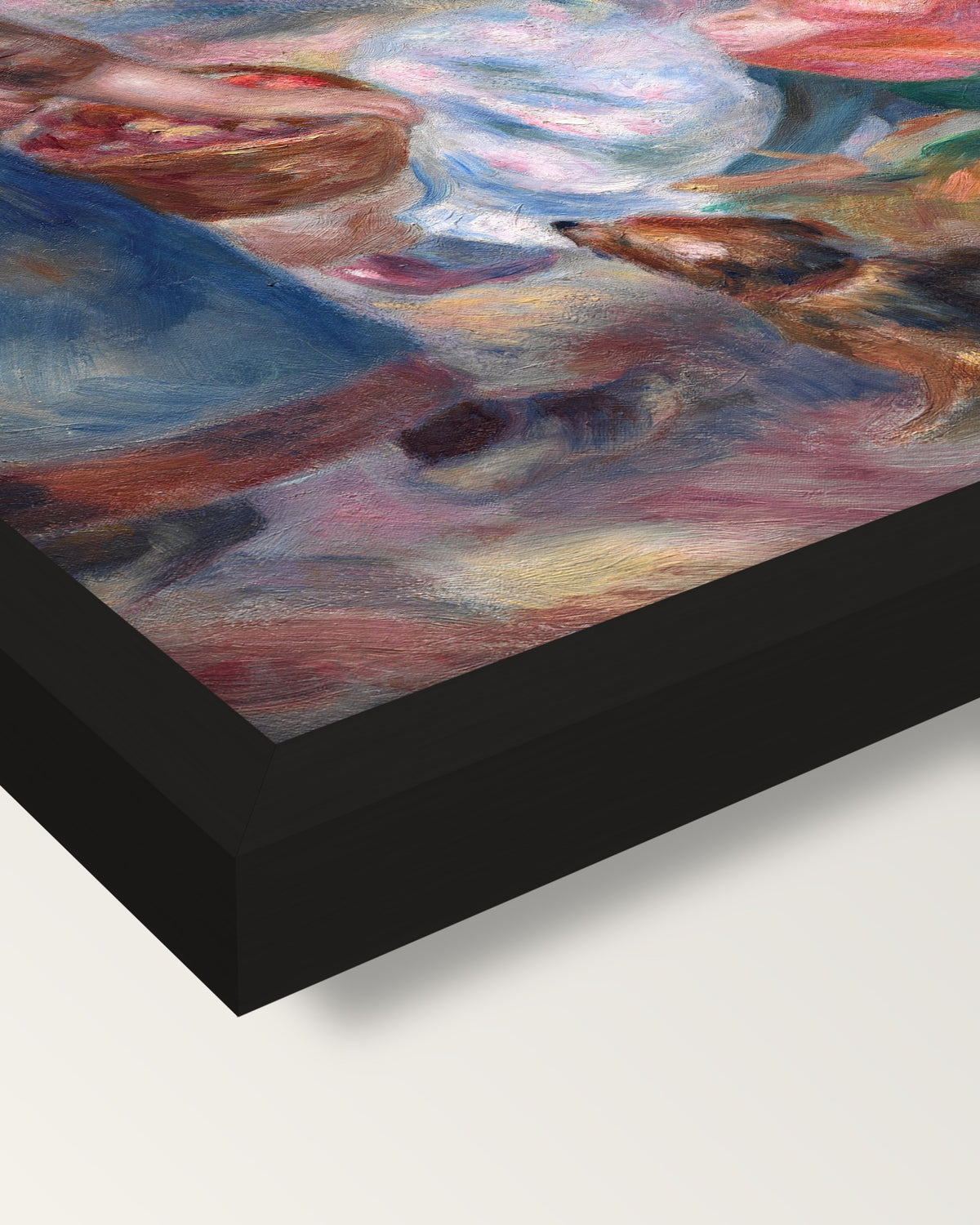 The Apple Seller by Renoir framed print, corner close-up: black moulding, mitred, the print set just below its edge