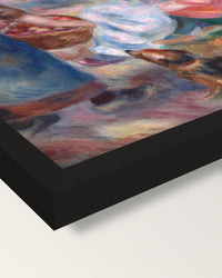 The Apple Seller by Renoir framed print, corner close-up: black moulding, mitred, the print set just below its edge