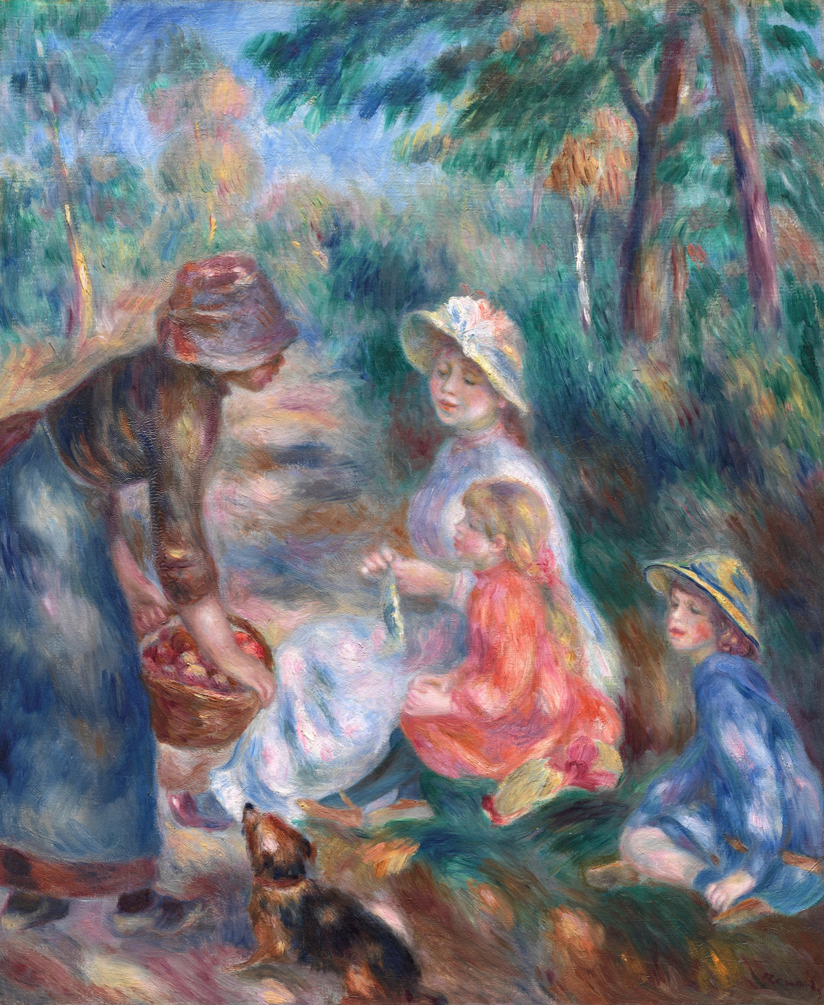 The Apple Seller by Renoir: a woman with a basket offers apples to a lady and children under trees, a small dog leaping