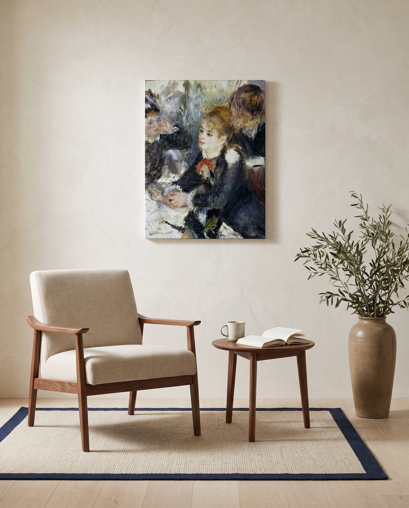 At the Milliner’s by Pierre-Auguste Renoir as a stretched canvas above a linen lounge chair in a reading corner