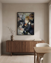 At the Milliner’s by Pierre-Auguste Renoir in a black frame above a walnut sideboard in a dining room
