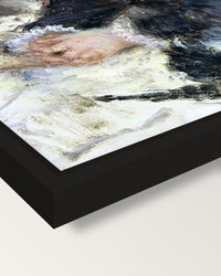 At the Milliner’s by Renoir framed canvas, corner close-up: a black floating frame with a shadow gap round the canvas