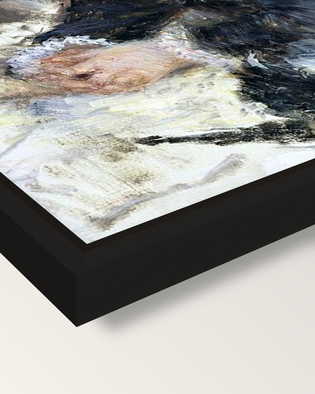 At the Milliner’s by Renoir framed canvas, corner close-up: a black floating frame with a shadow gap round the canvas