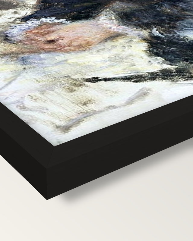 At the Milliner’s by Renoir framed print, corner close-up: black moulding, mitred, the print set just below its edge
