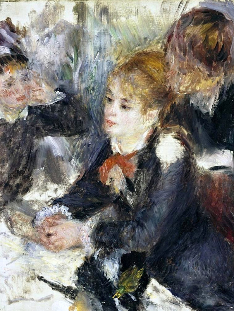 At the Milliner’s by Renoir: a fair-haired young woman in a dark coat with a red bow beside another woman in a hat shop