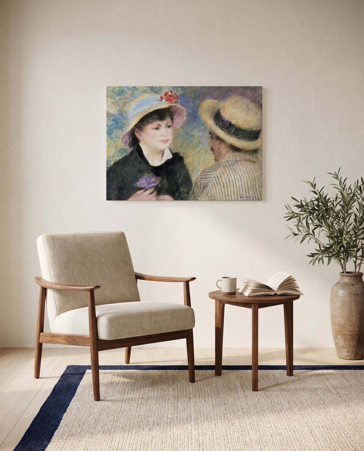Boating Couple by Pierre-Auguste Renoir as a stretched canvas above a linen lounge chair in a reading corner