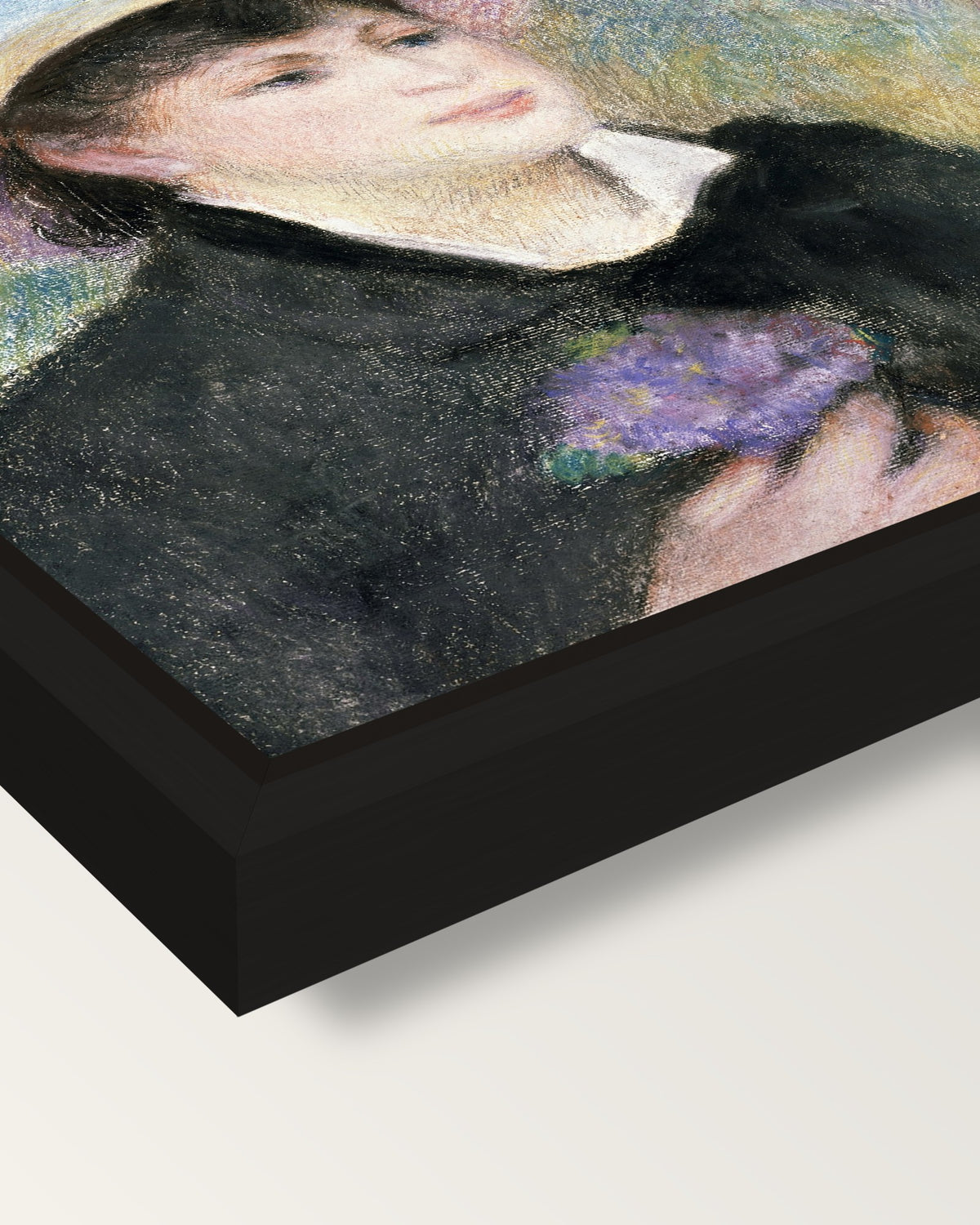 Boating Couple by Renoir framed canvas, corner close-up: a black floating frame with a shadow gap round the canvas