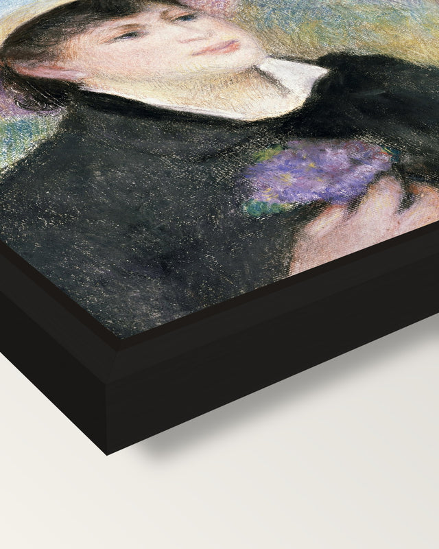Boating Couple by Renoir framed canvas, corner close-up: a black floating frame with a shadow gap round the canvas