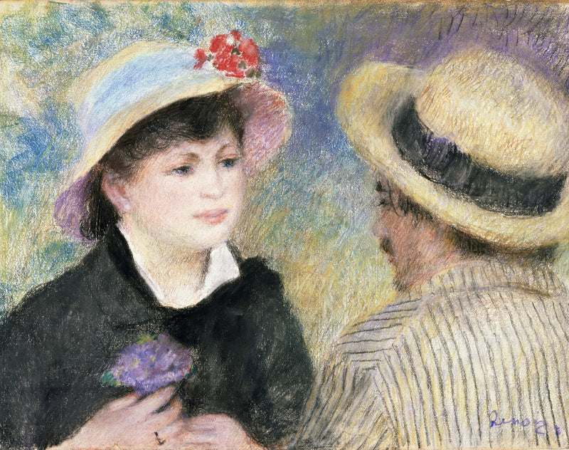 Boating Couple by Renoir: a young woman in a flowered straw hat beside a man in a striped shirt and boater