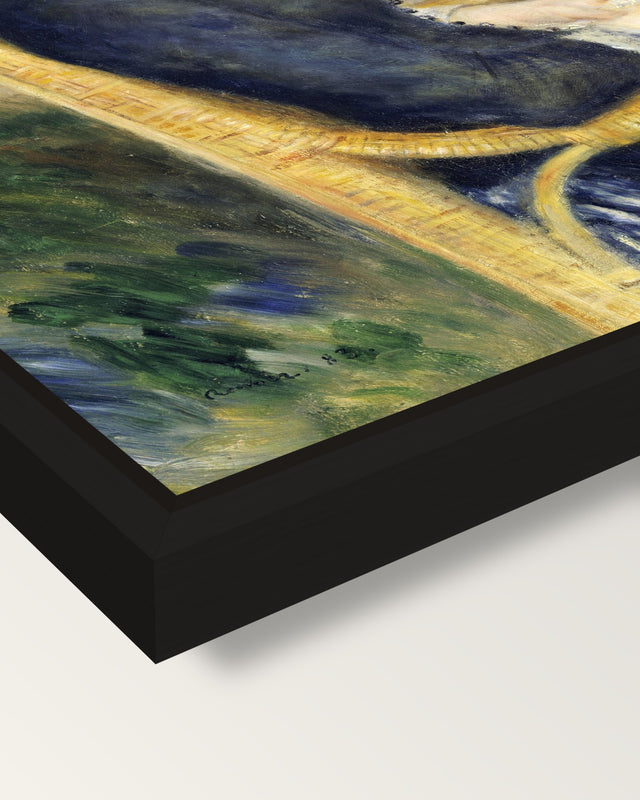 By the Seashore by Renoir framed canvas, corner close-up: a black floating frame with a shadow gap round the canvas