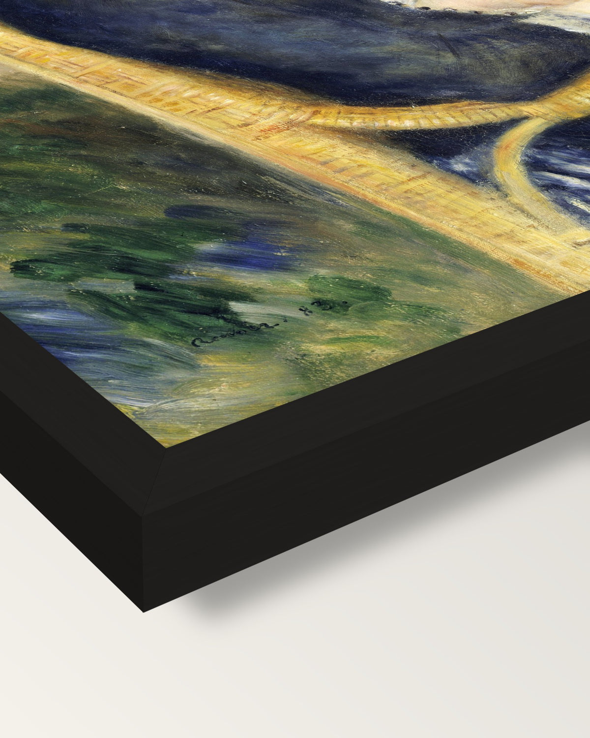 By the Seashore by Renoir framed print, corner close-up: black moulding, mitred, the print set just below its edge