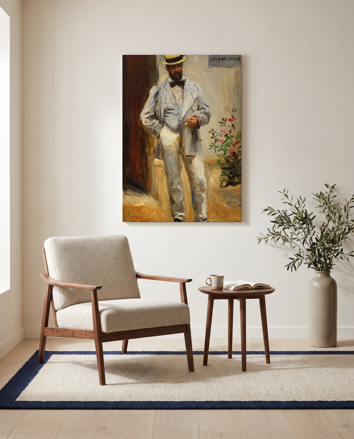 Charles Le Cœur by Pierre-Auguste Renoir as a stretched canvas above a linen lounge chair in a reading corner