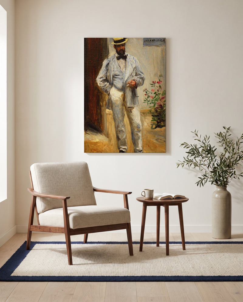 Charles Le Cœur by Pierre-Auguste Renoir as a stretched canvas above a linen lounge chair in a reading corner