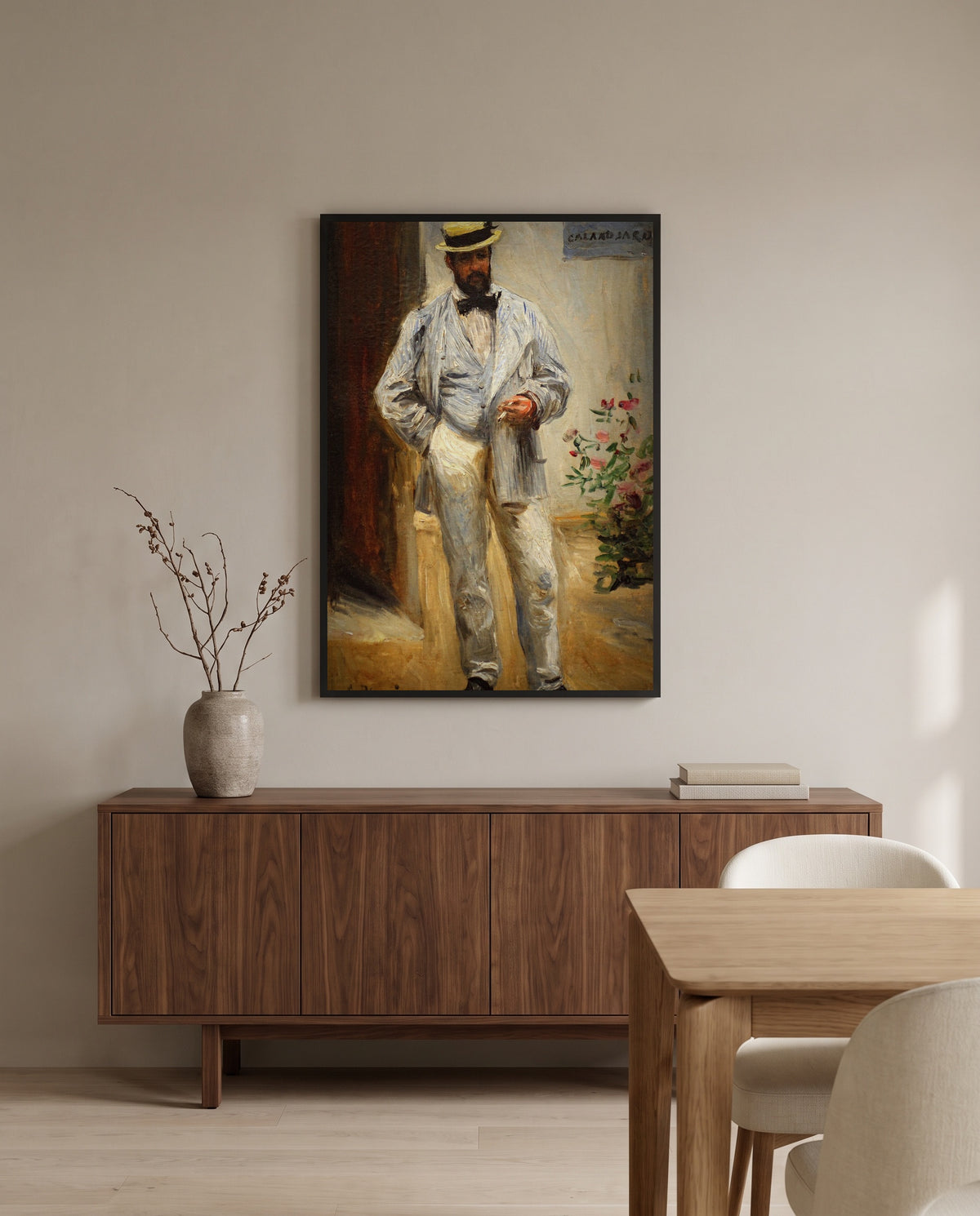 Charles Le Cœur by Pierre-Auguste Renoir in a black frame above a walnut sideboard in a dining room