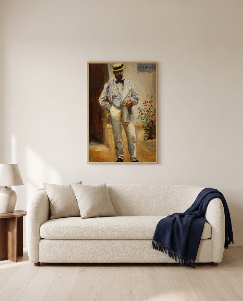 Charles Le Cœur by Pierre-Auguste Renoir framed in natural oak above a cream sofa in a warm living room