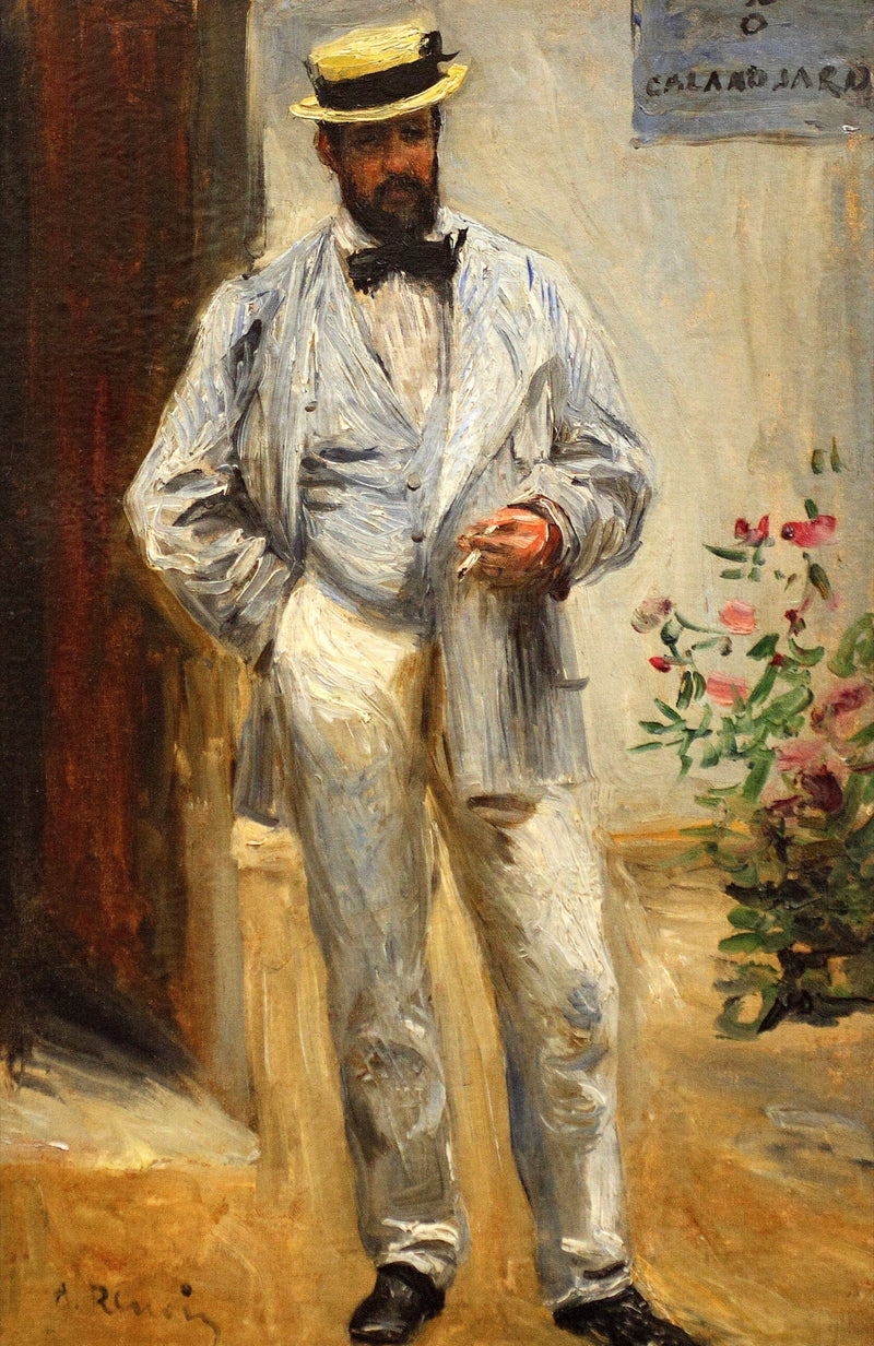 Charles Le Cœur by Renoir: a bearded man in a pale suit and straw boater stands by a doorway beside pink roses