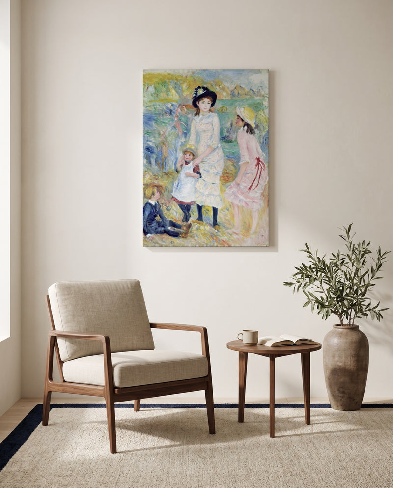 Children on the Seashore by Pierre-Auguste Renoir as a stretched canvas above a linen lounge chair in a reading corner